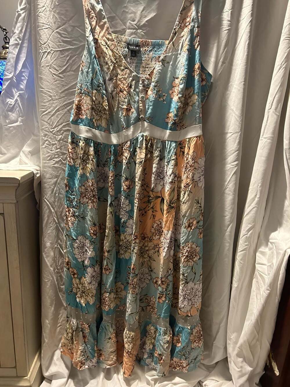 Torrid Floral Maxi Dress Size 3 Blue Peach Smocked Boho Sundress